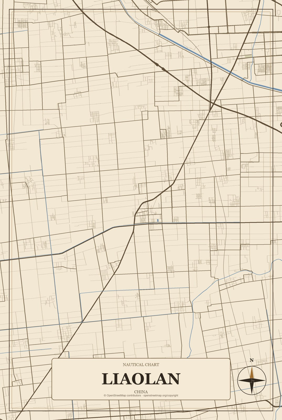 Liaolan, China City Map Aluminum Sign in Heritage Nautical style