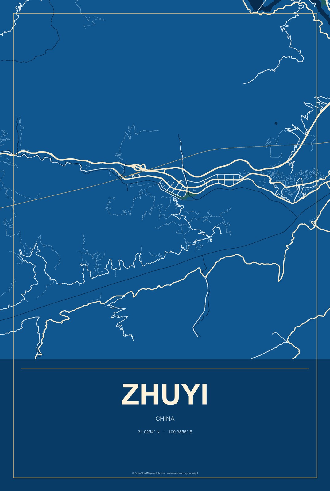 Zhuyi, China City Map Aluminum Sign in Harbor Cobalt style