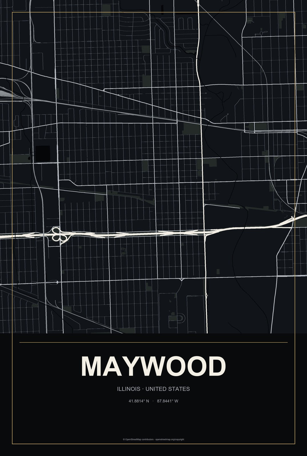 Maywood, Illinois City Map Aluminum Sign in Metropolitan Noir style