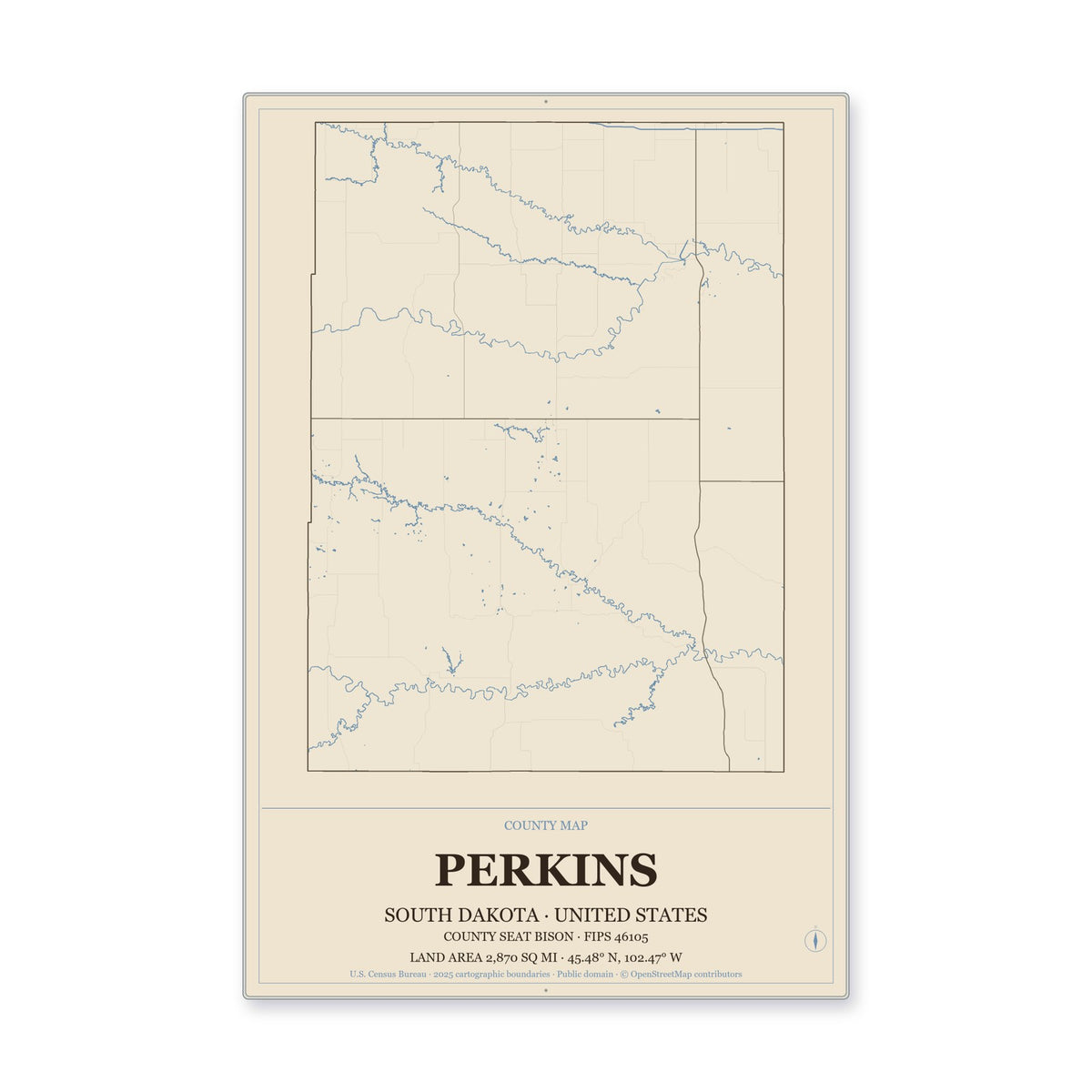 Perkins County, South Dakota Map Aluminum Sign in Heritage Nautical style