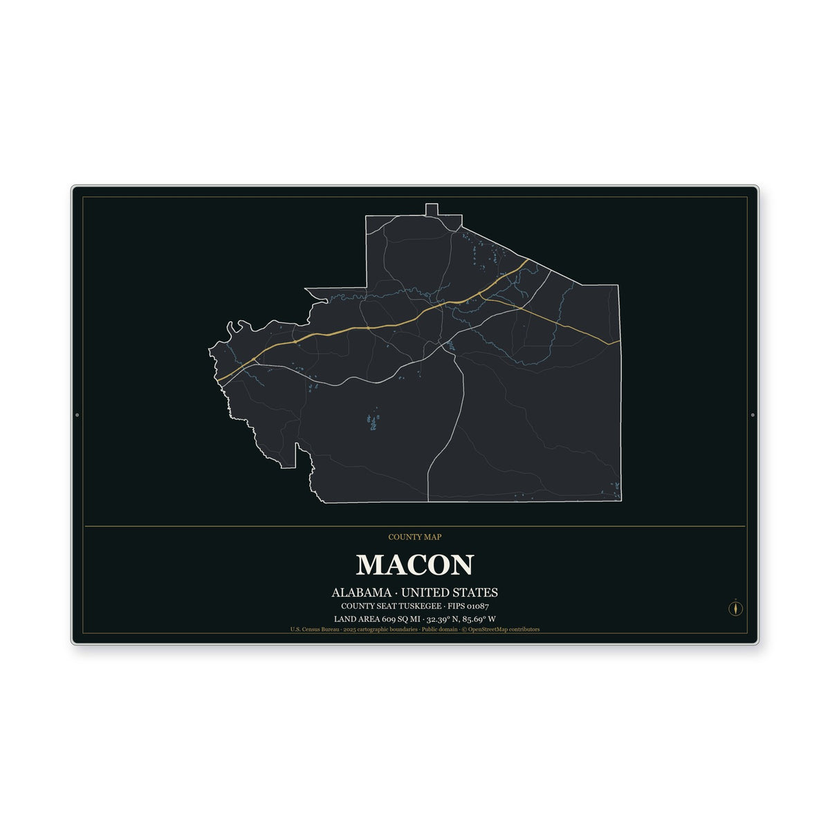 Macon County, Alabama Map Aluminum Sign in Metropolitan Noir style