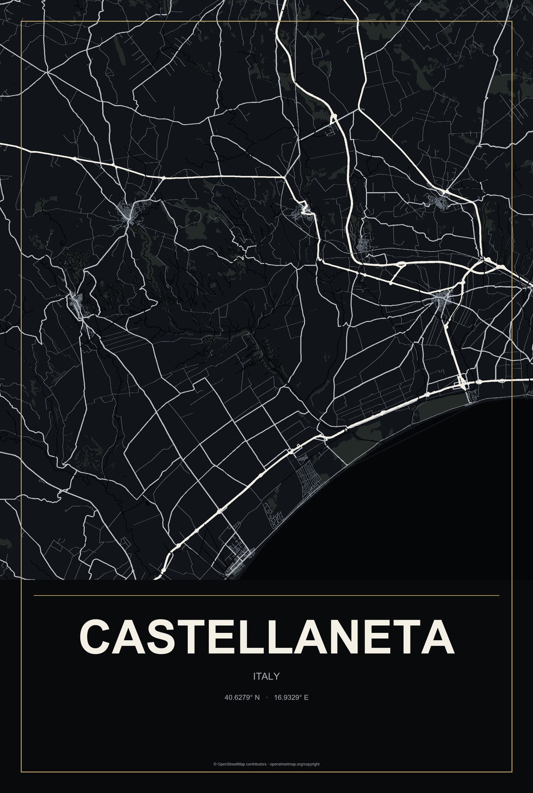 Castellaneta, Italy City Map Aluminum Sign in Metropolitan Noir style