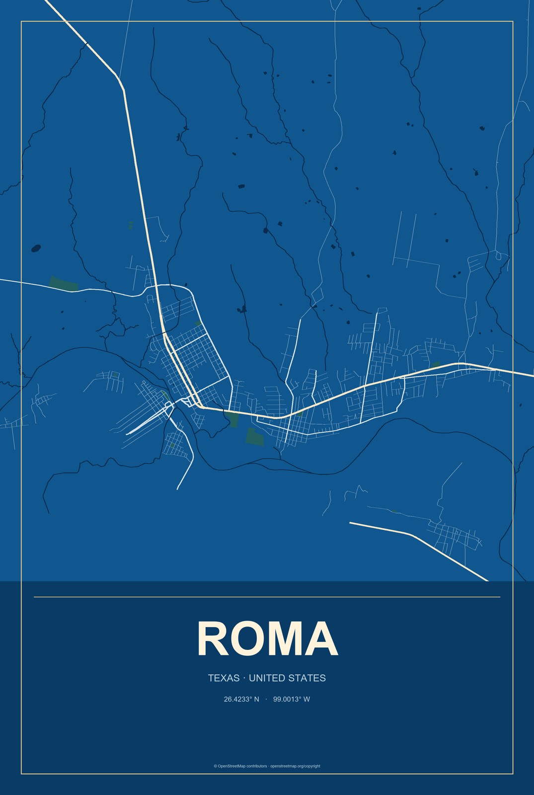 Roma, Texas City Map Aluminum Sign in Harbor Cobalt style