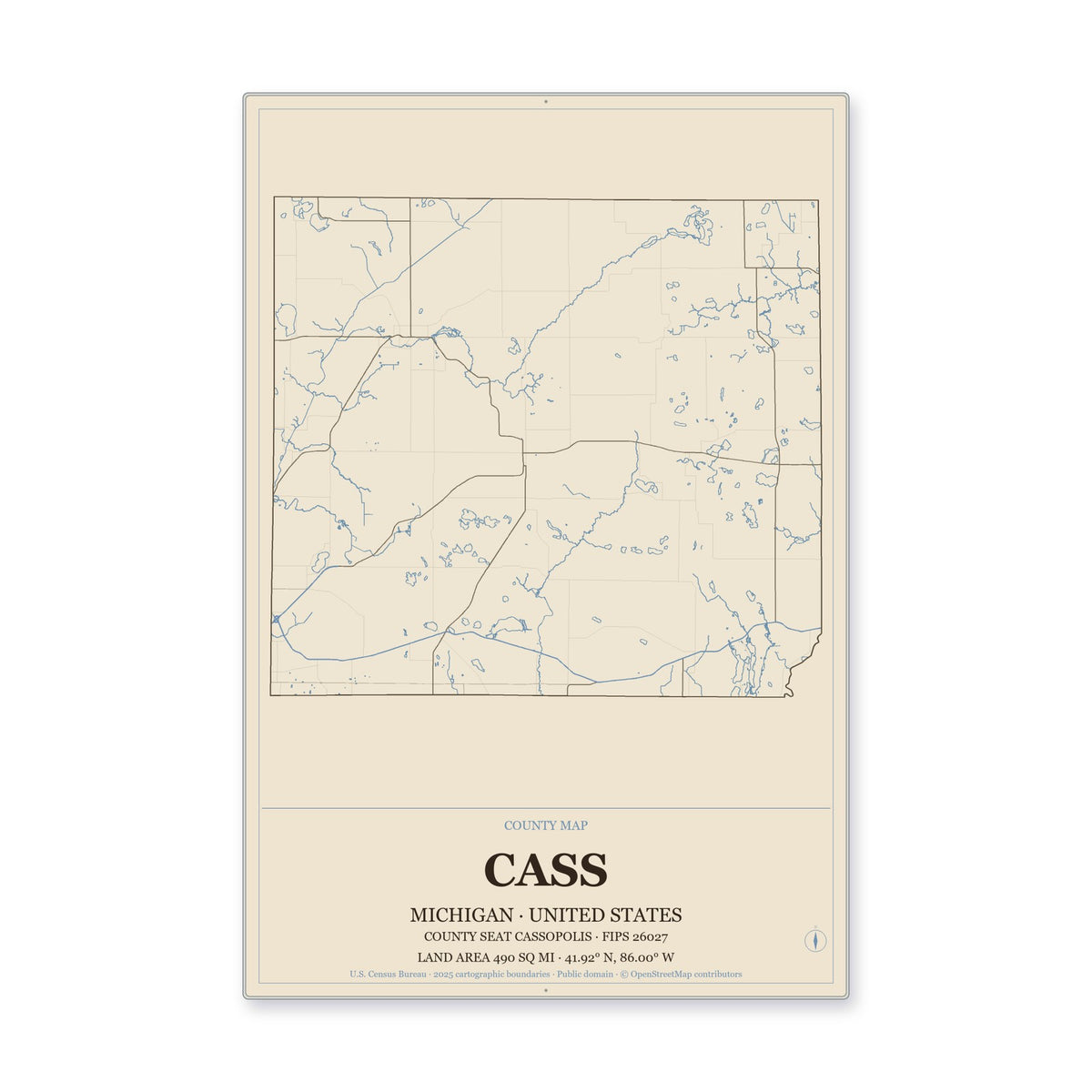 Cass County, Michigan Map Aluminum Sign in Heritage Nautical style