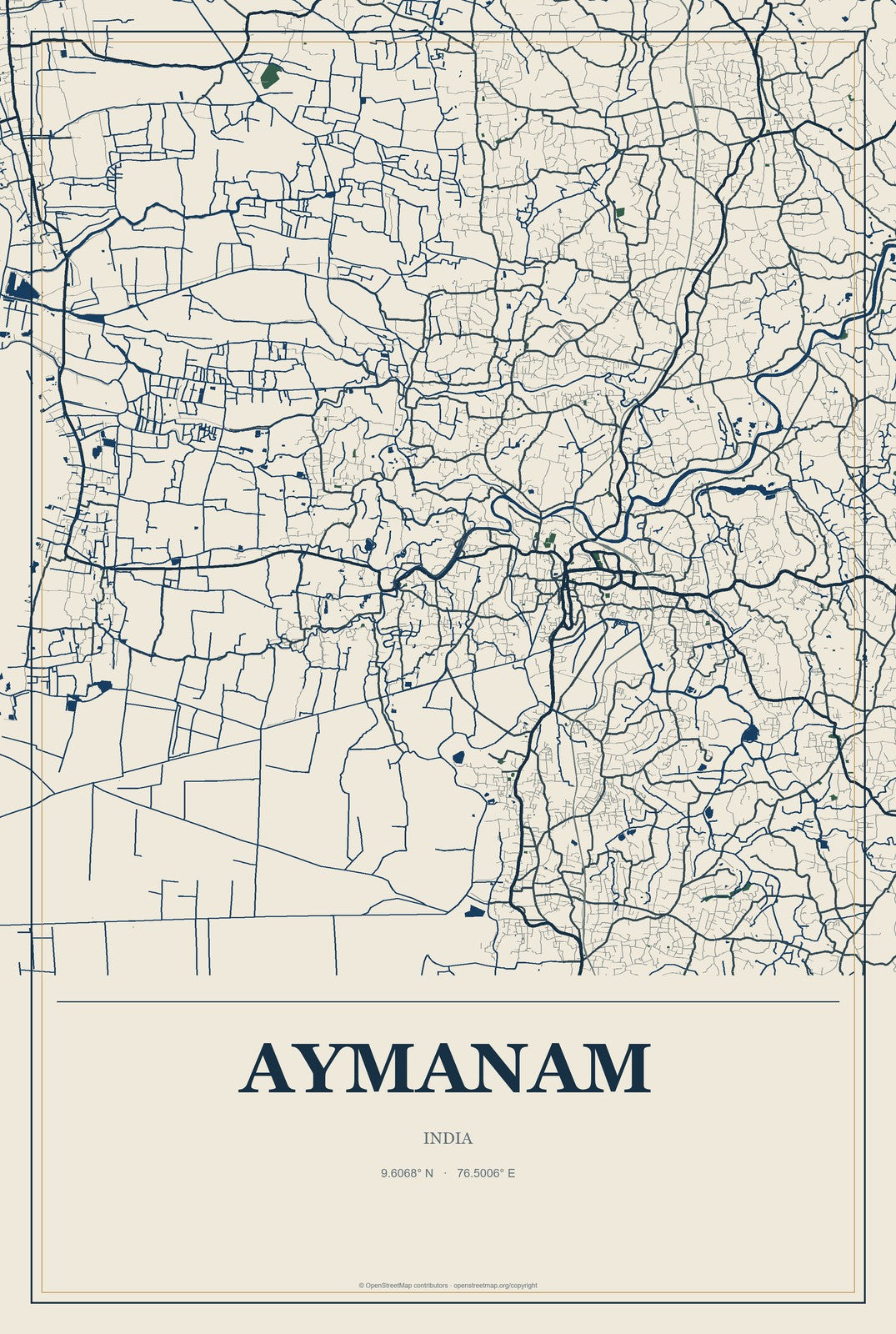 Aymanam, India City Map Aluminum Sign in Coastal Cutout style