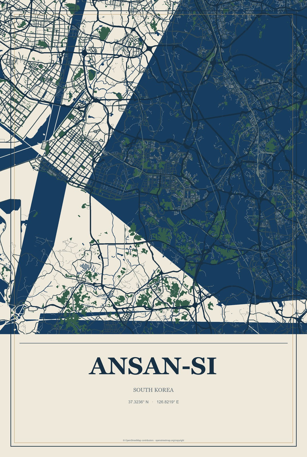 Ansan-si, South Korea City Map Aluminum Sign in Coastal Cutout style