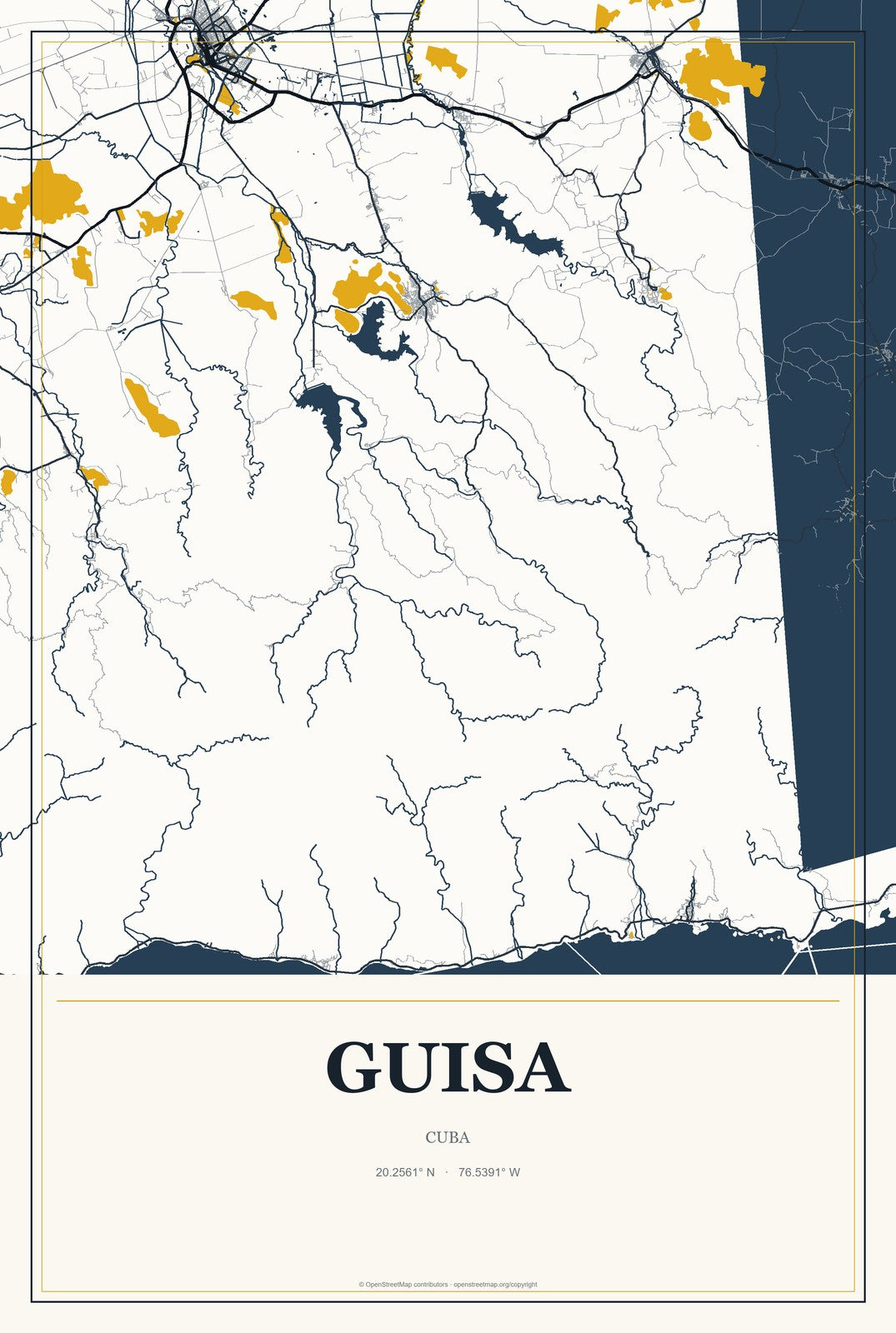 Guisa, Cuba City Map Aluminum Sign in Citrine Modern style