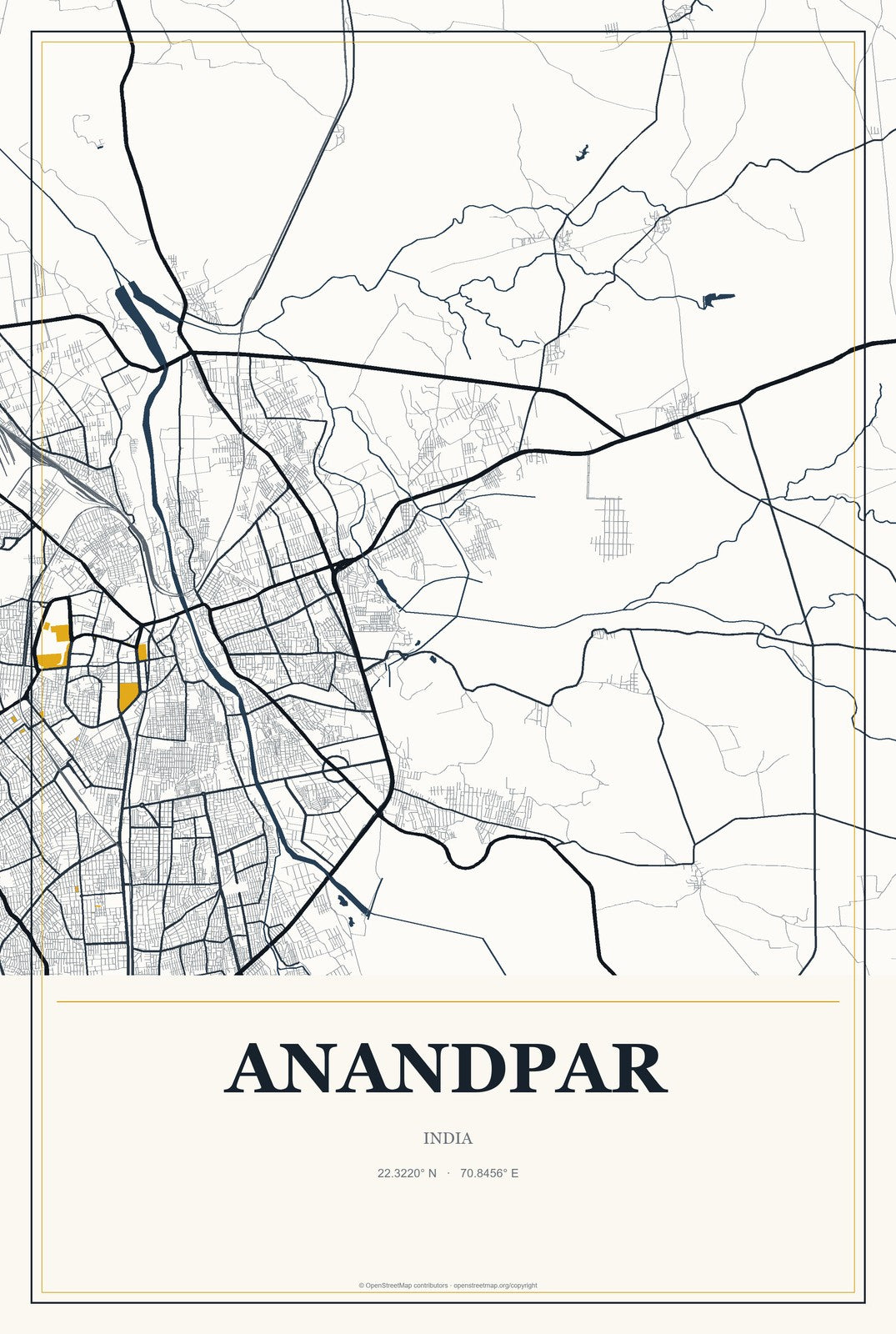 Anandpar, India City Map Aluminum Sign in Citrine Modern style