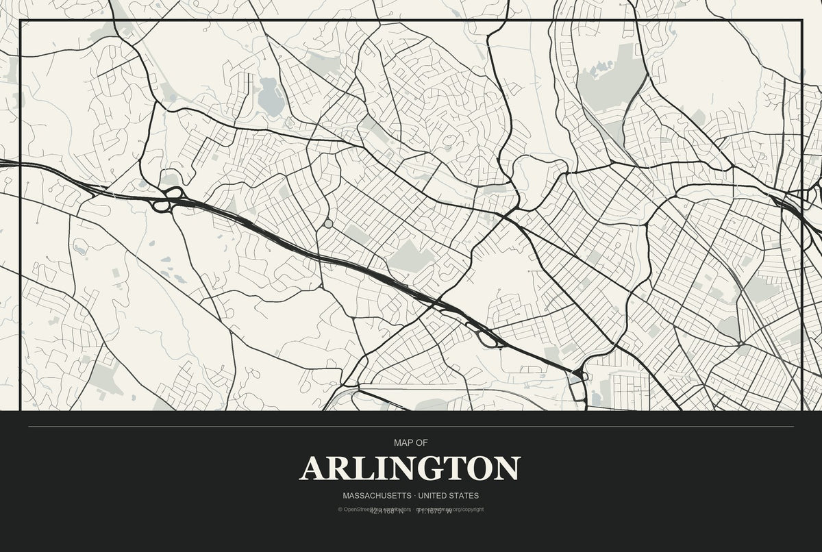 Arlington, Massachusetts City Map Aluminum Sign in Museum Plaque style