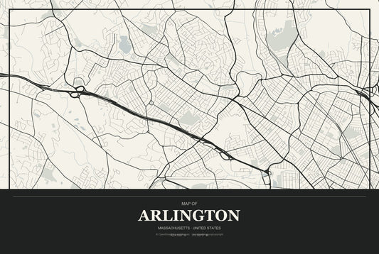 Arlington, Massachusetts City Map Aluminum Sign in Museum Plaque style