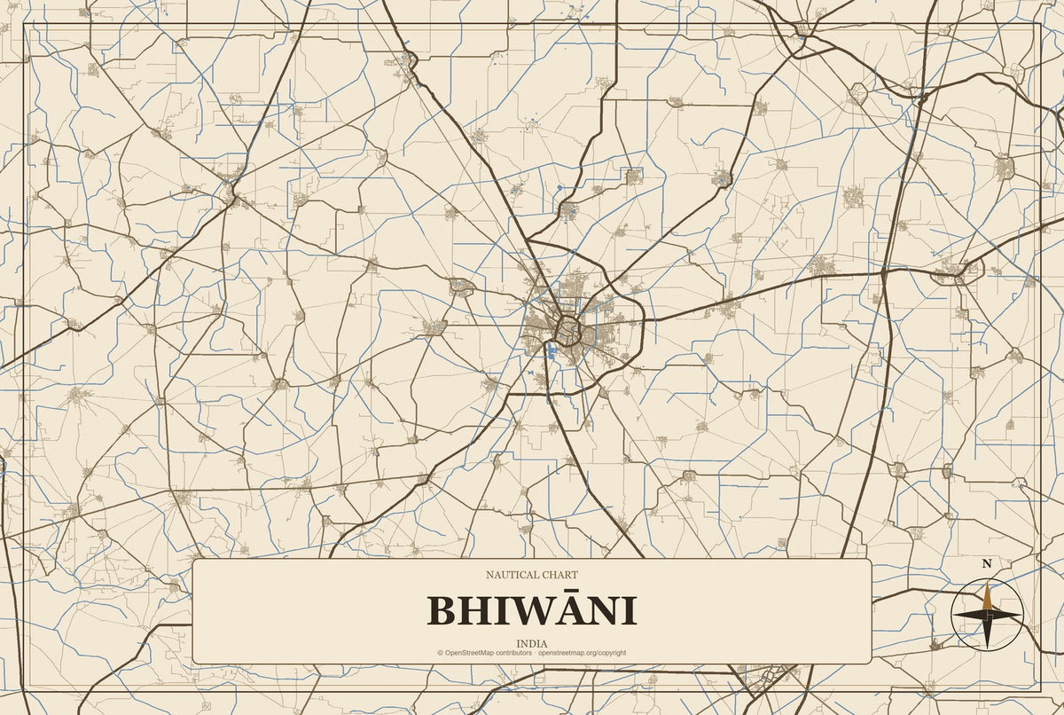 Bhiwāni, India City Map Aluminum Sign in Heritage Nautical style