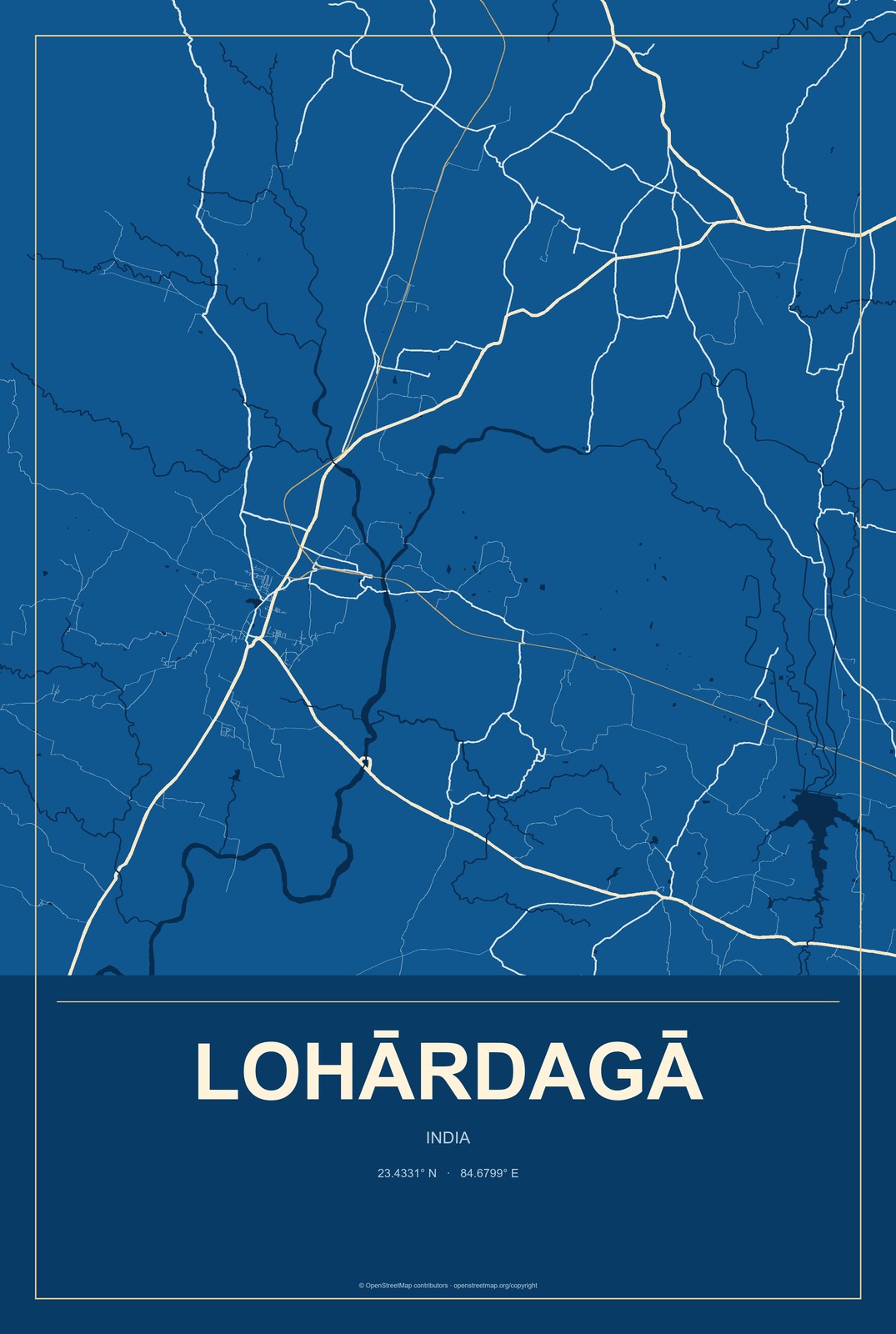 Lohārdagā, India City Map Aluminum Sign in Harbor Cobalt style