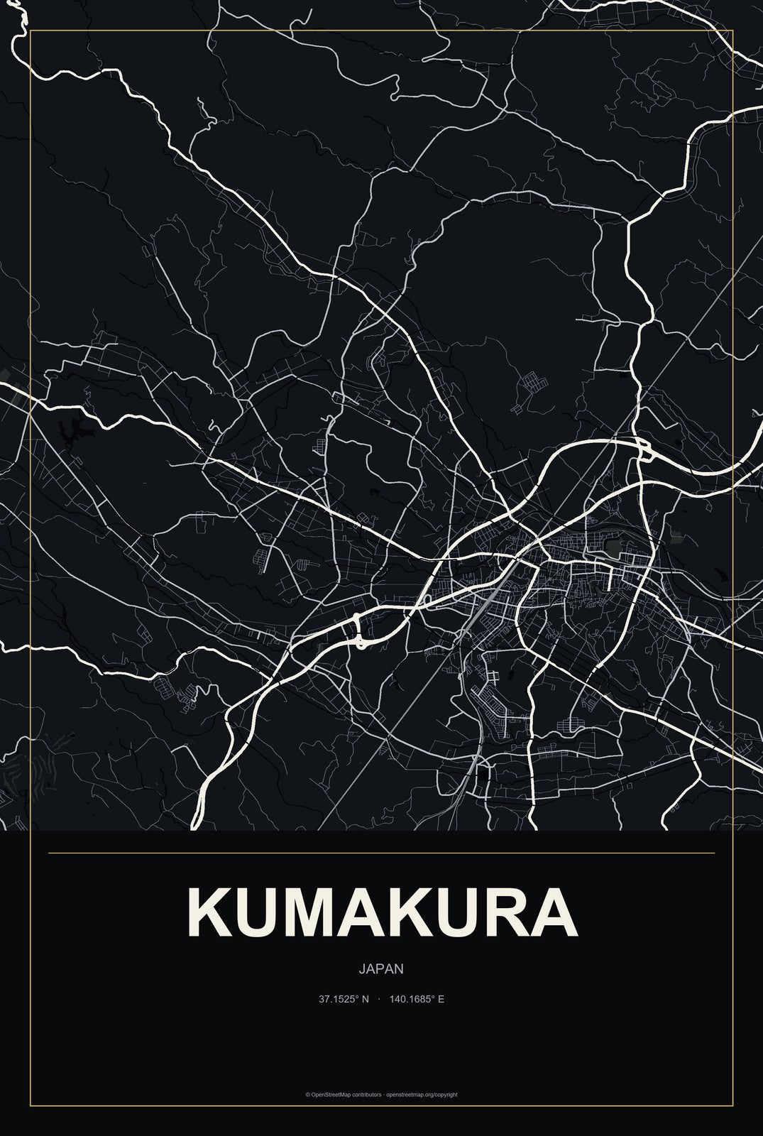 Kumakura, Japan City Map Aluminum Sign in Metropolitan Noir style