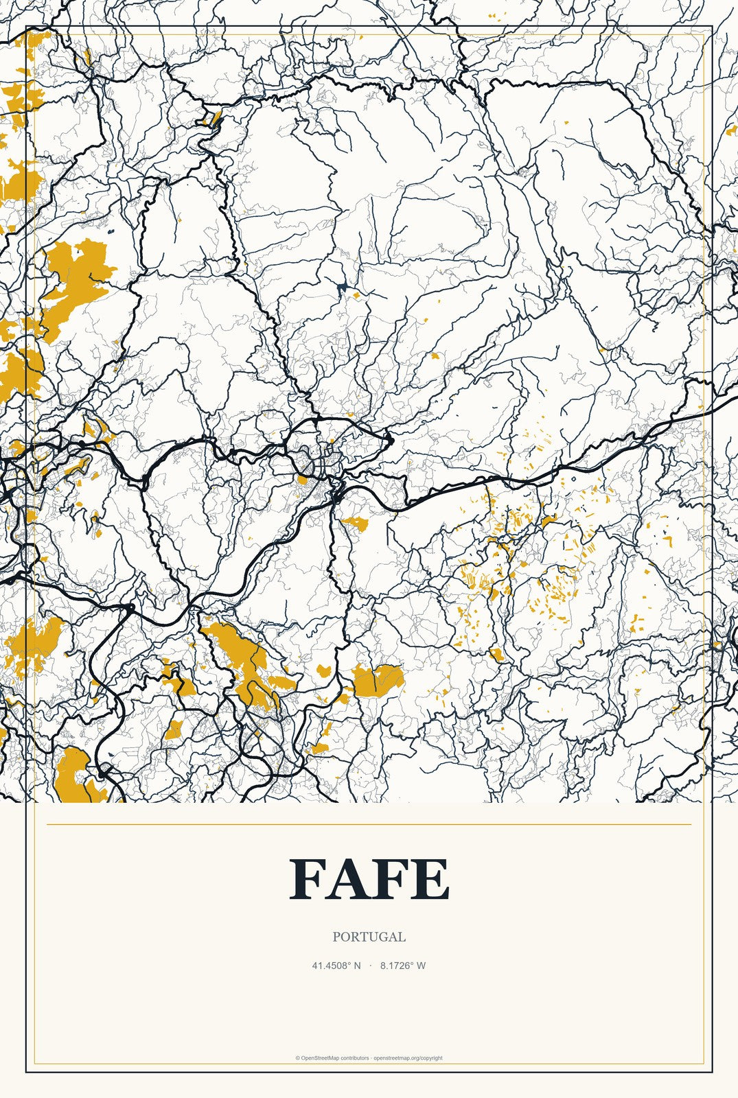 Fafe, Portugal City Map Aluminum Sign in Citrine Modern style