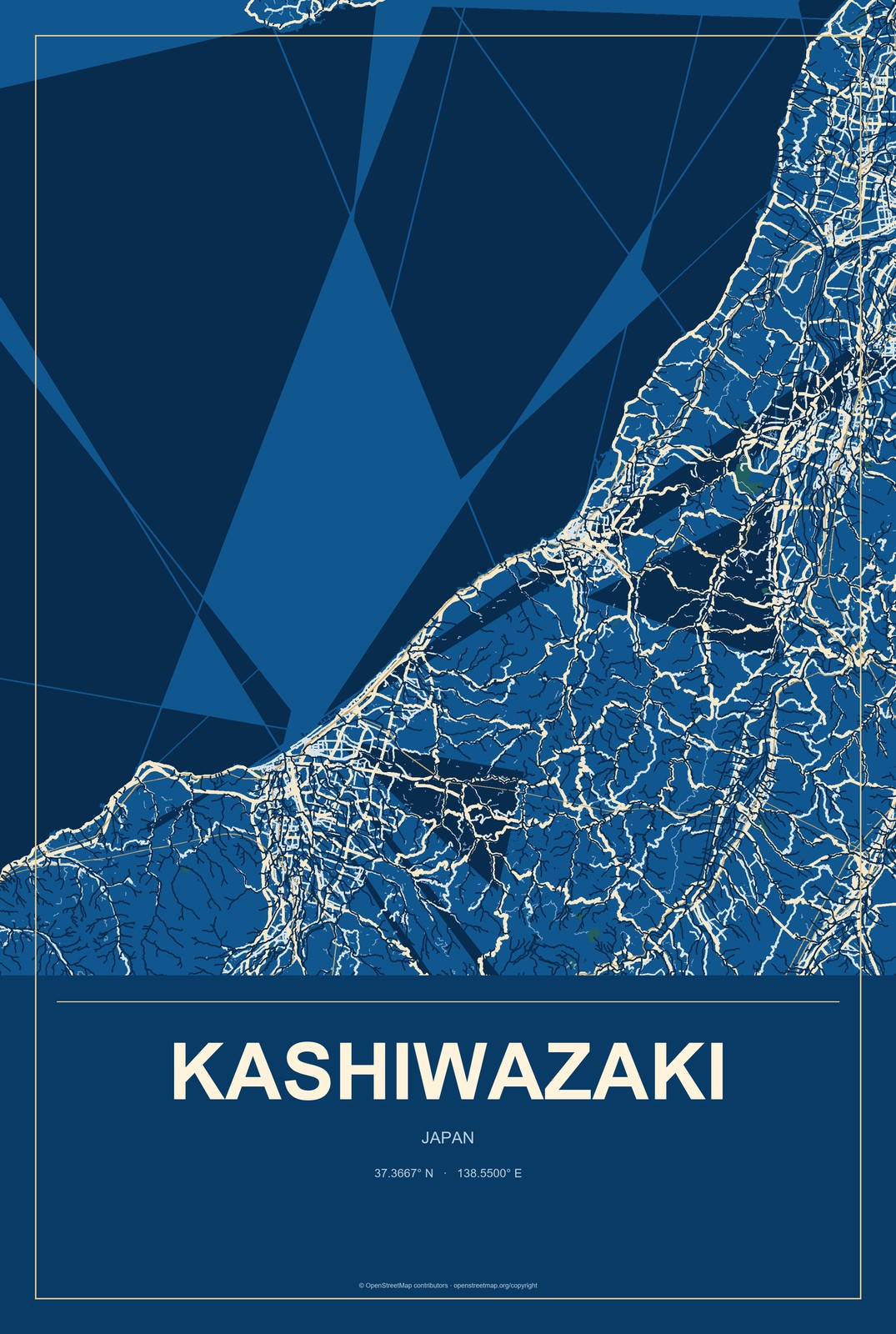 Kashiwazaki, Japan City Map Aluminum Sign in Harbor Cobalt style