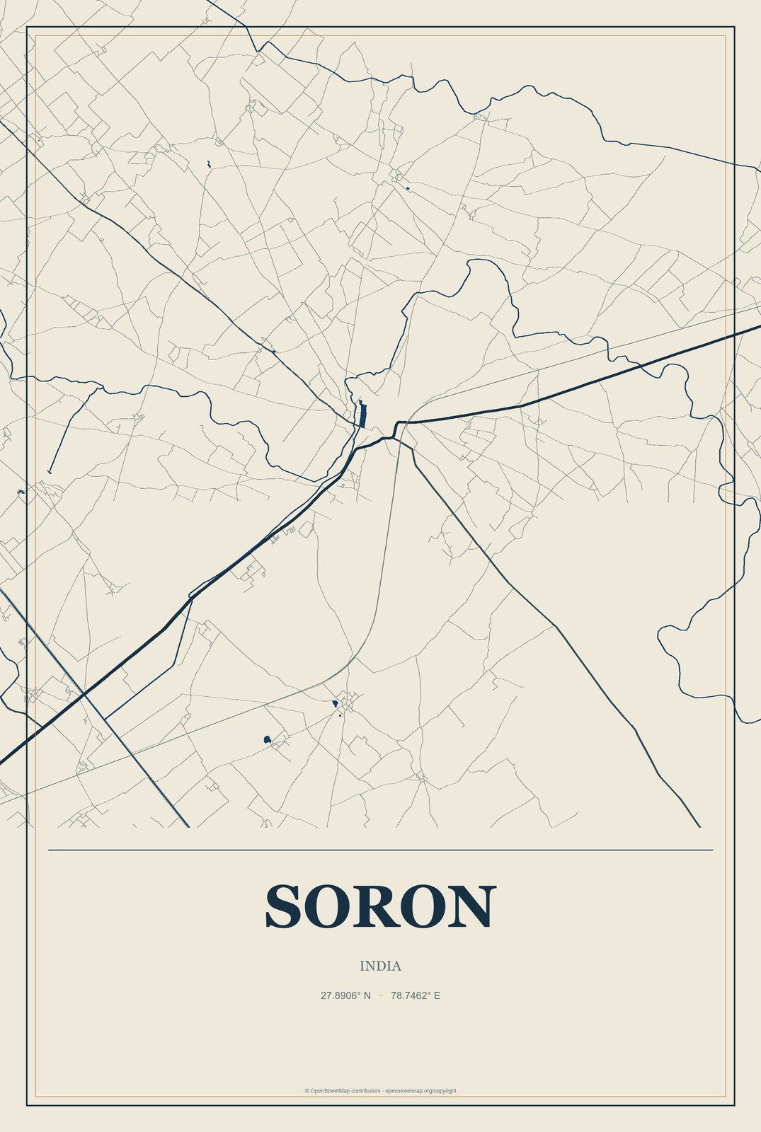 Soron, India City Map Aluminum Sign in Coastal Cutout style