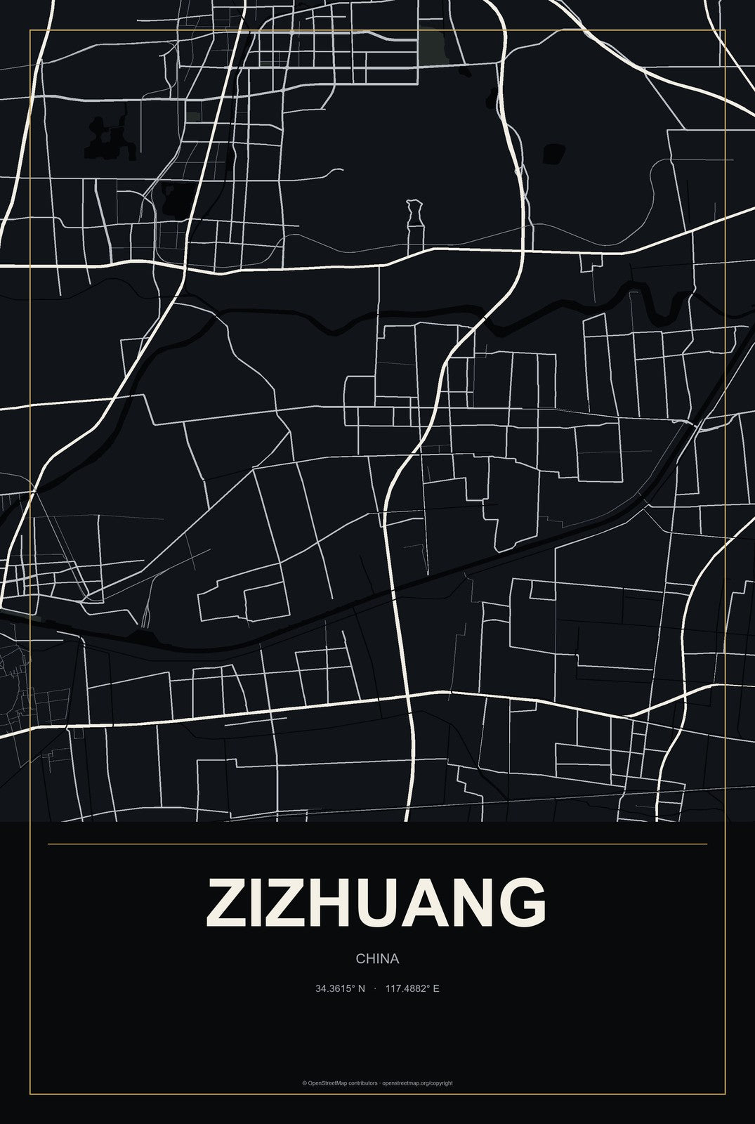 Zizhuang, China City Map Aluminum Sign in Metropolitan Noir style