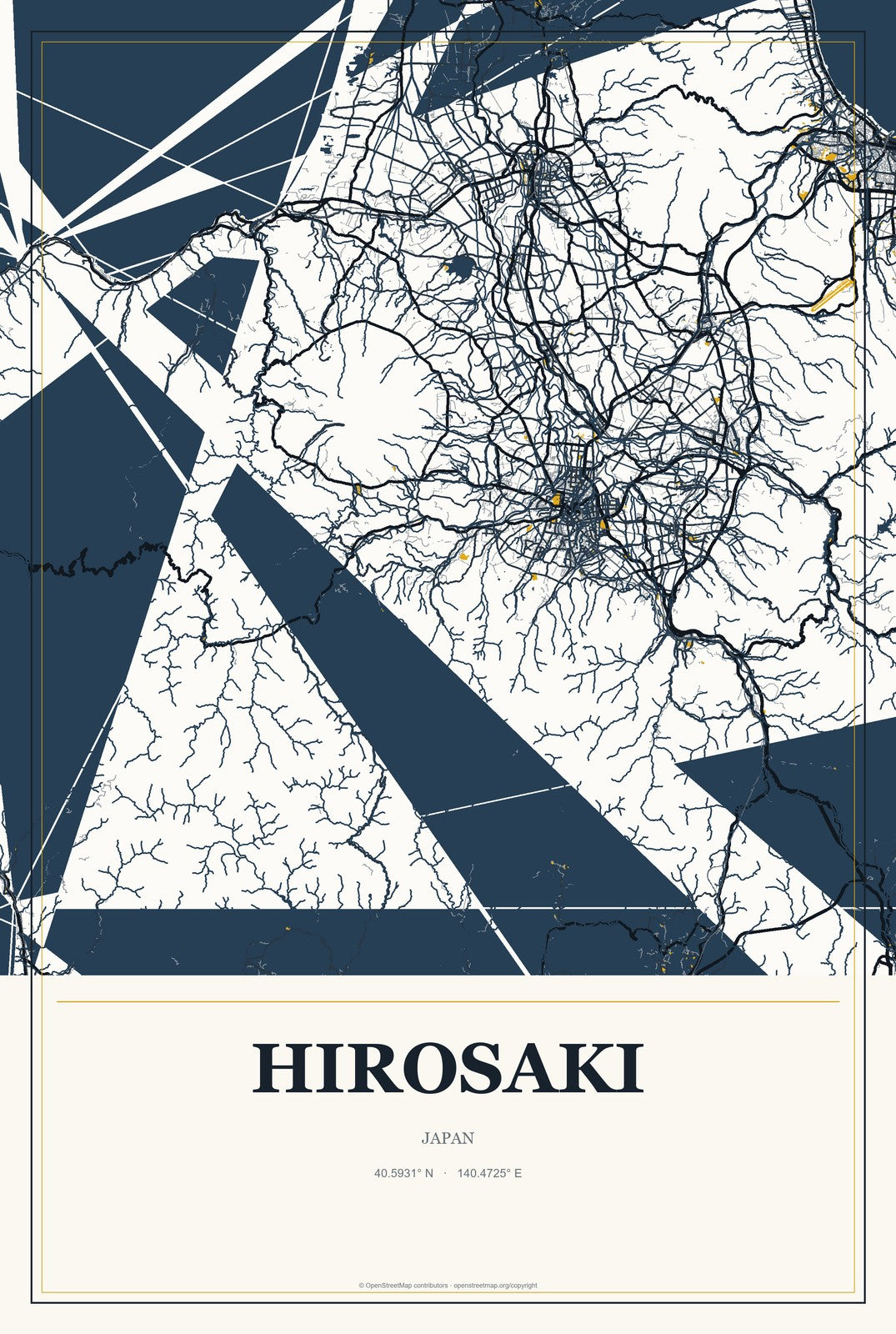 Hirosaki, Japan City Map Aluminum Sign in Citrine Modern style