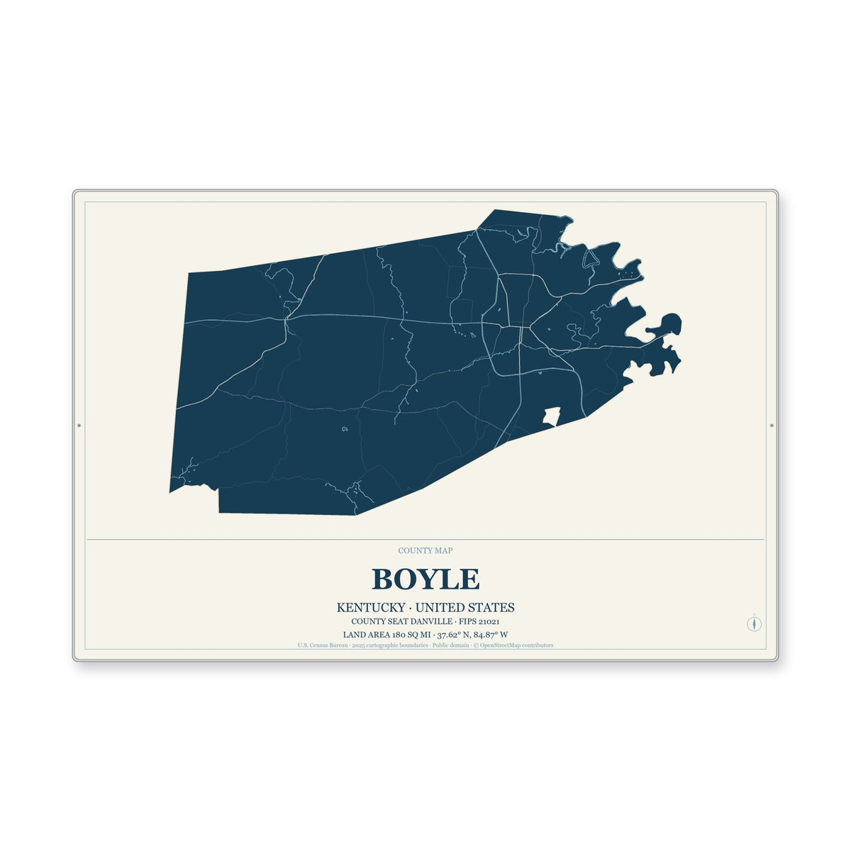 Boyle County, Kentucky Map Aluminum Sign in Coastal Cutout style