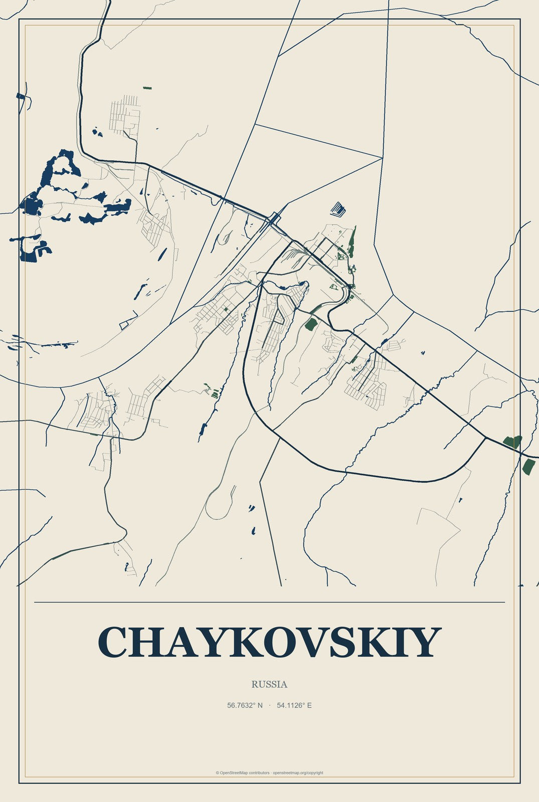 Chaykovskiy, Russia City Map Aluminum Sign in Coastal Cutout style