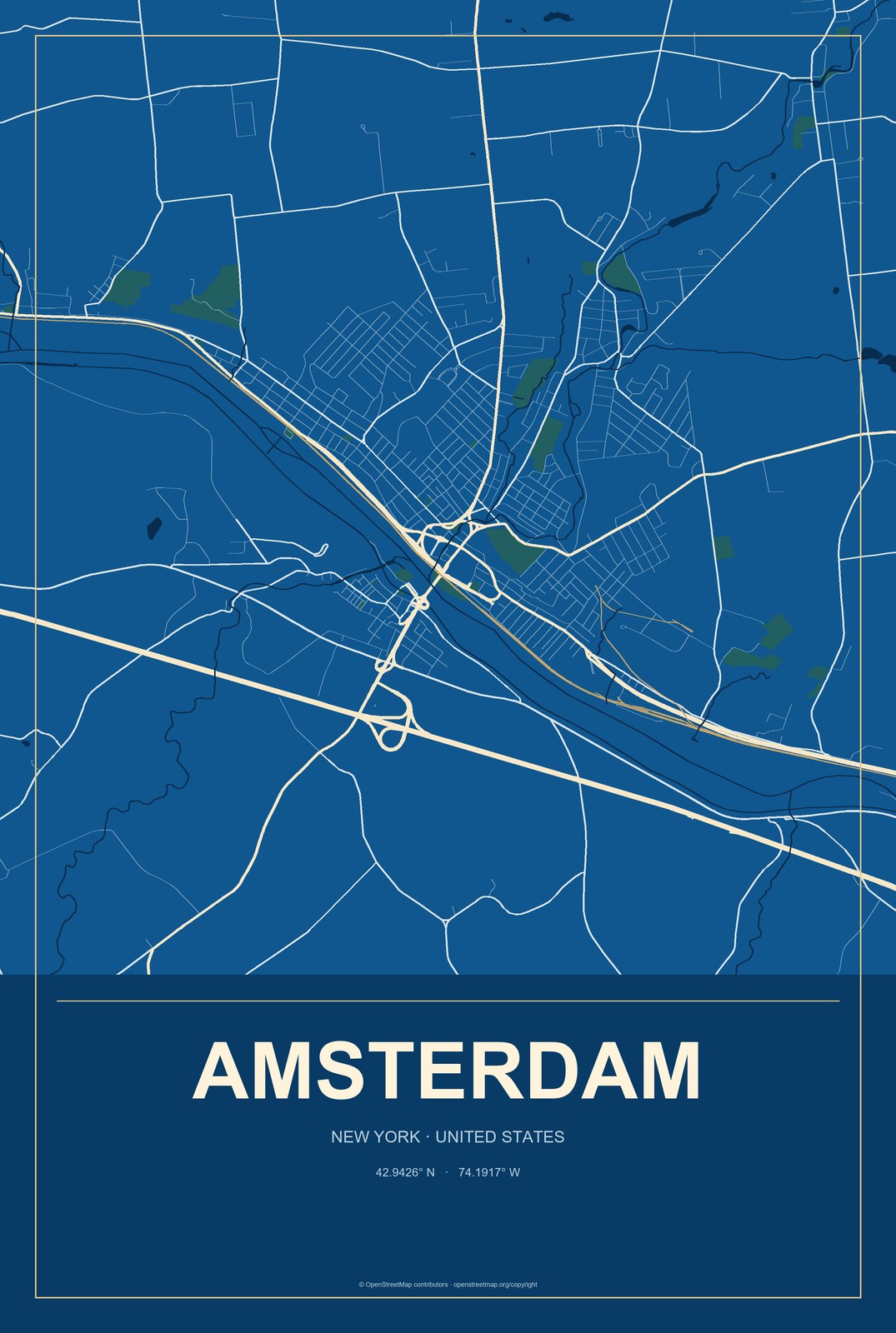 Amsterdam, New York City Map Aluminum Sign in Harbor Cobalt style