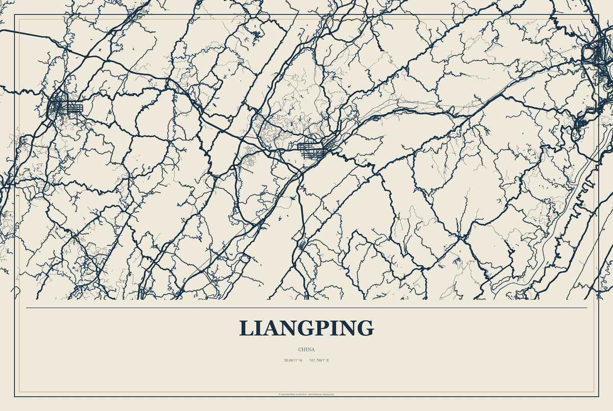 Liangping, China City Map Aluminum Sign in Coastal Cutout style