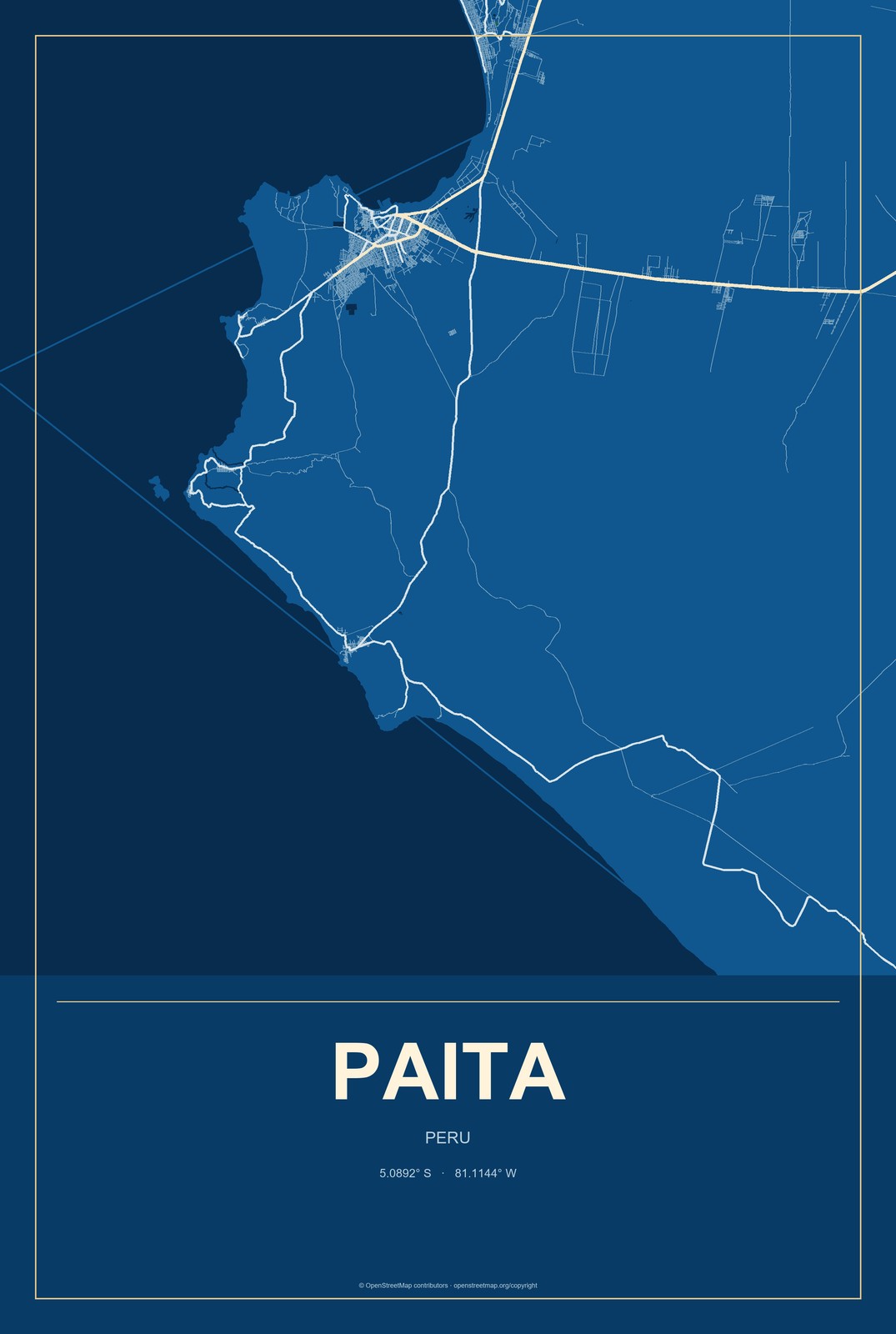 Paita, Peru City Map Aluminum Sign in Harbor Cobalt style
