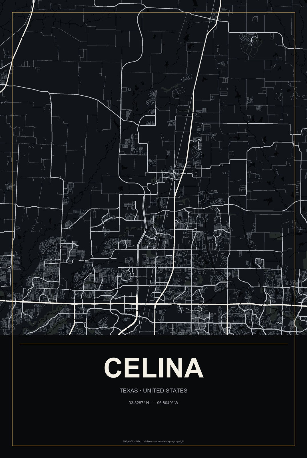 Celina, Texas City Map Aluminum Sign in Metropolitan Noir style