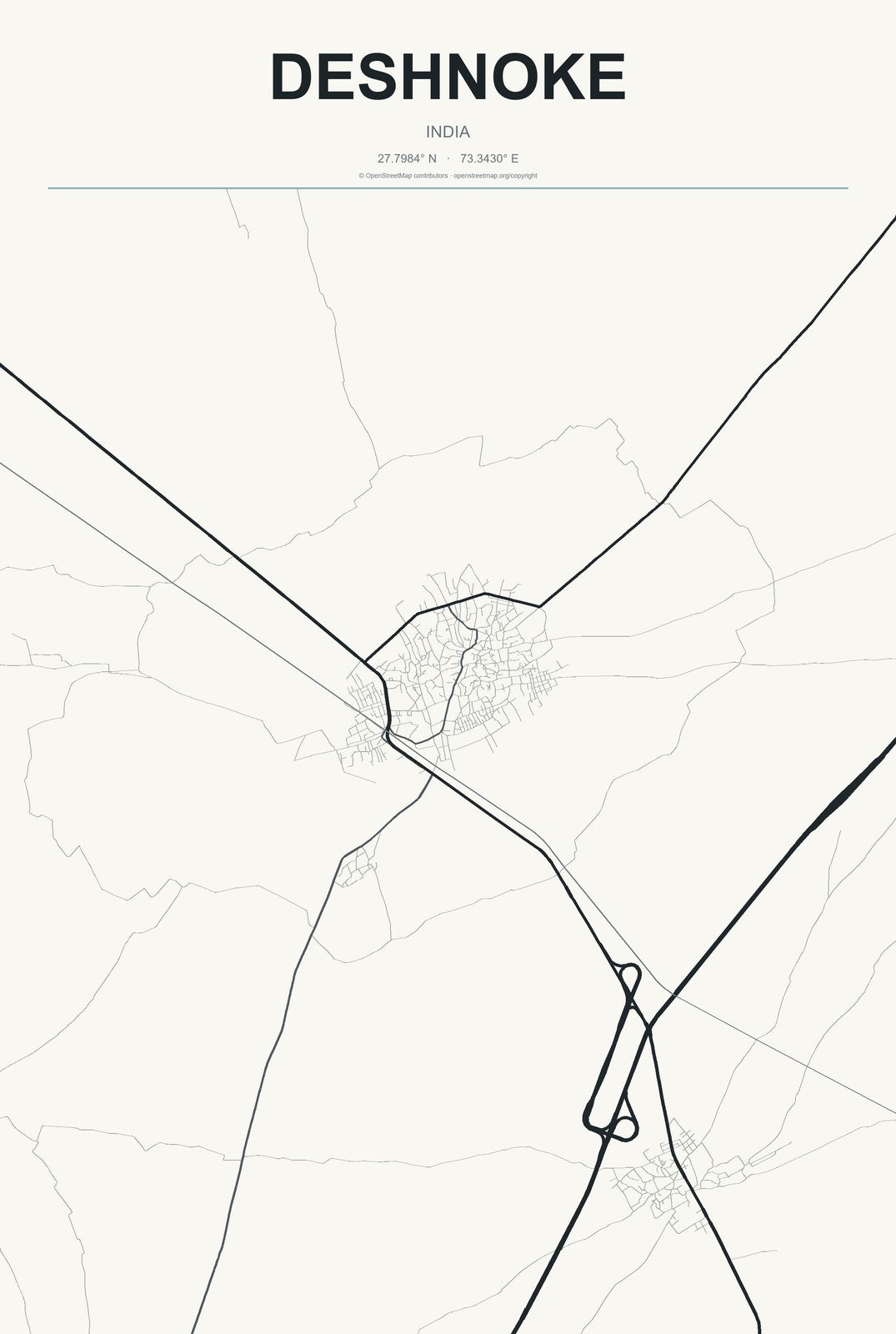 Deshnoke, India City Map Aluminum Sign in Headline Atlas style
