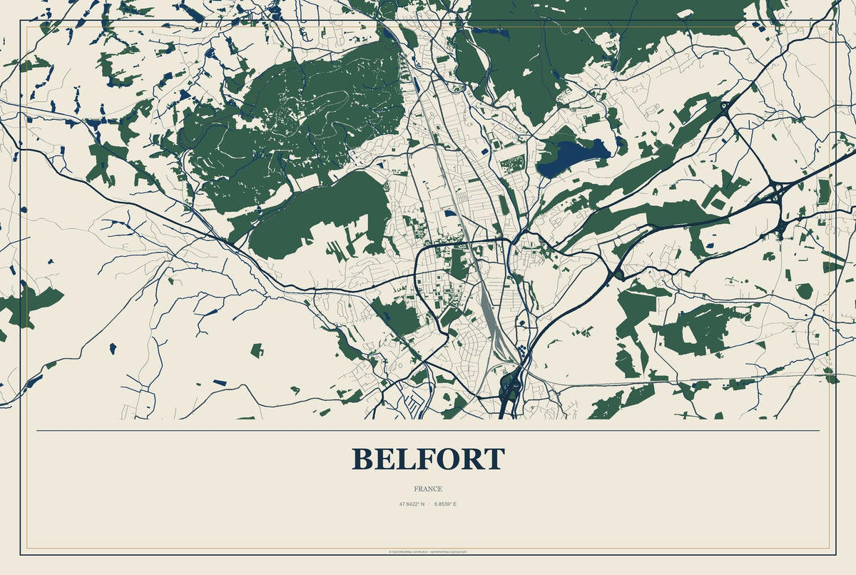 Belfort, France City Map Aluminum Sign in Coastal Cutout style