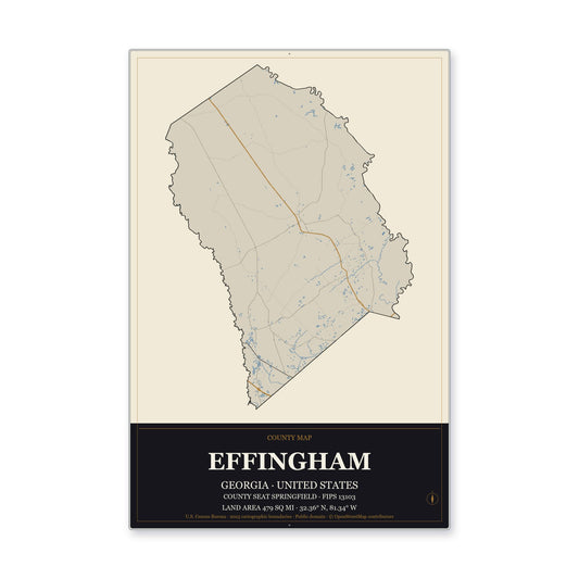 Effingham County, Georgia Map Aluminum Sign in Museum Plaque style