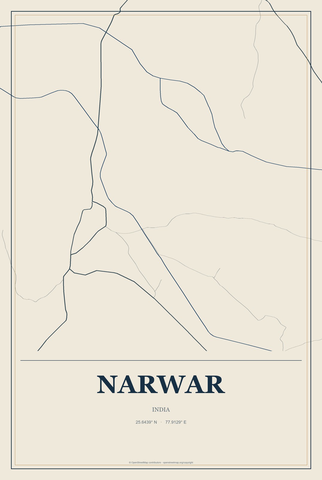 Narwar, India City Map Aluminum Sign in Coastal Cutout style