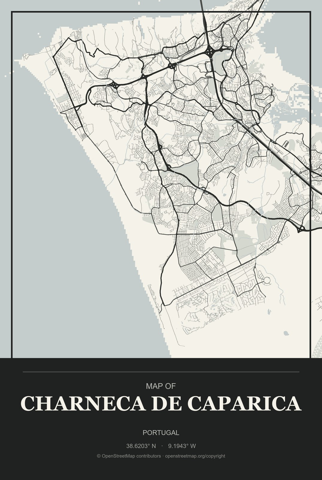 Charneca de Caparica, Portugal City Map Aluminum Sign in Museum Plaque style