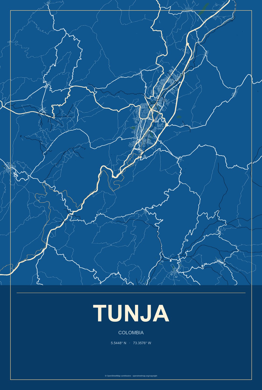 Tunja, Colombia City Map Aluminum Sign in Harbor Cobalt style
