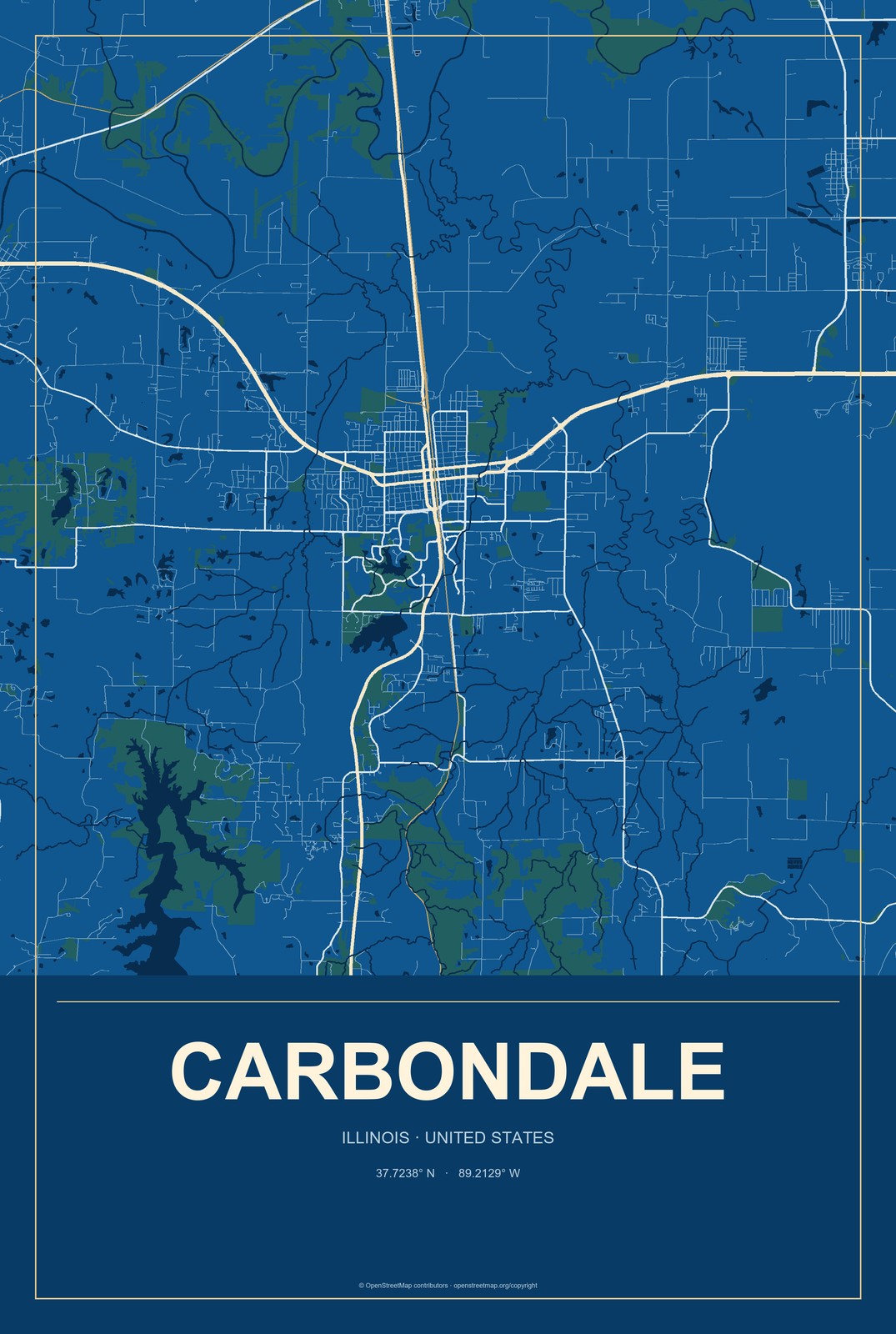Carbondale, Illinois City Map Aluminum Sign in Harbor Cobalt style