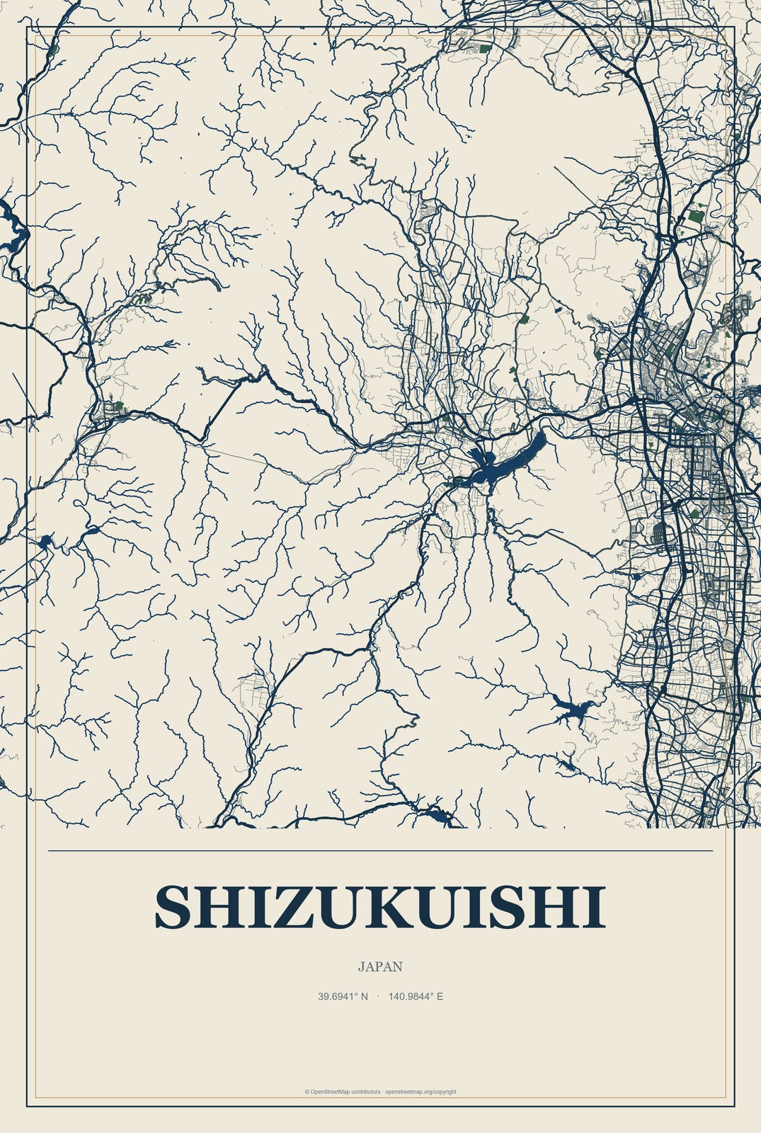 Shizukuishi, Japan City Map Aluminum Sign in Coastal Cutout style