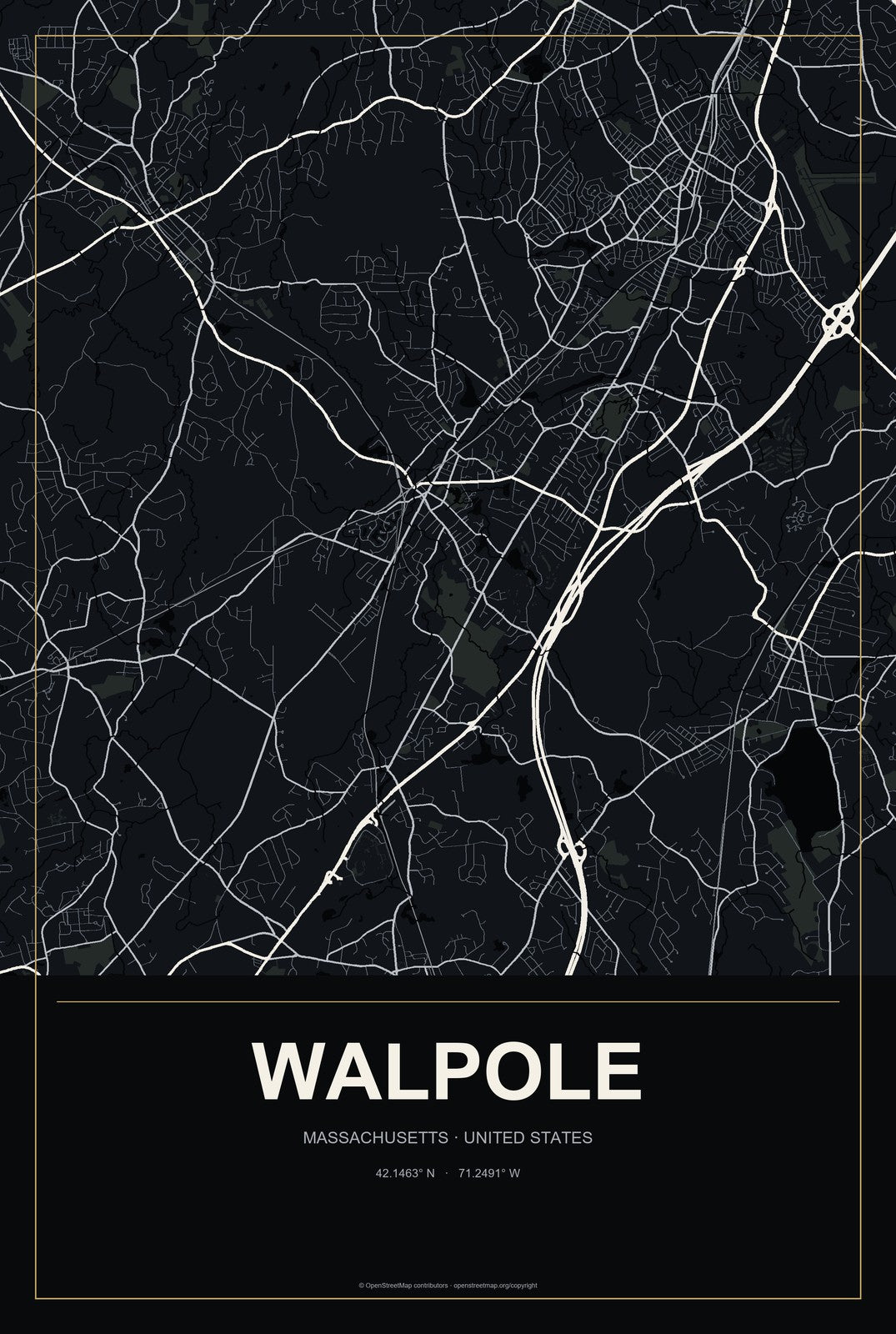 Walpole, Massachusetts City Map Aluminum Sign in Metropolitan Noir style