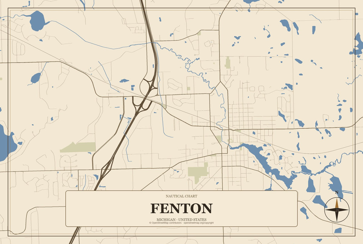 Fenton, Michigan City Map Aluminum Sign in Heritage Nautical style