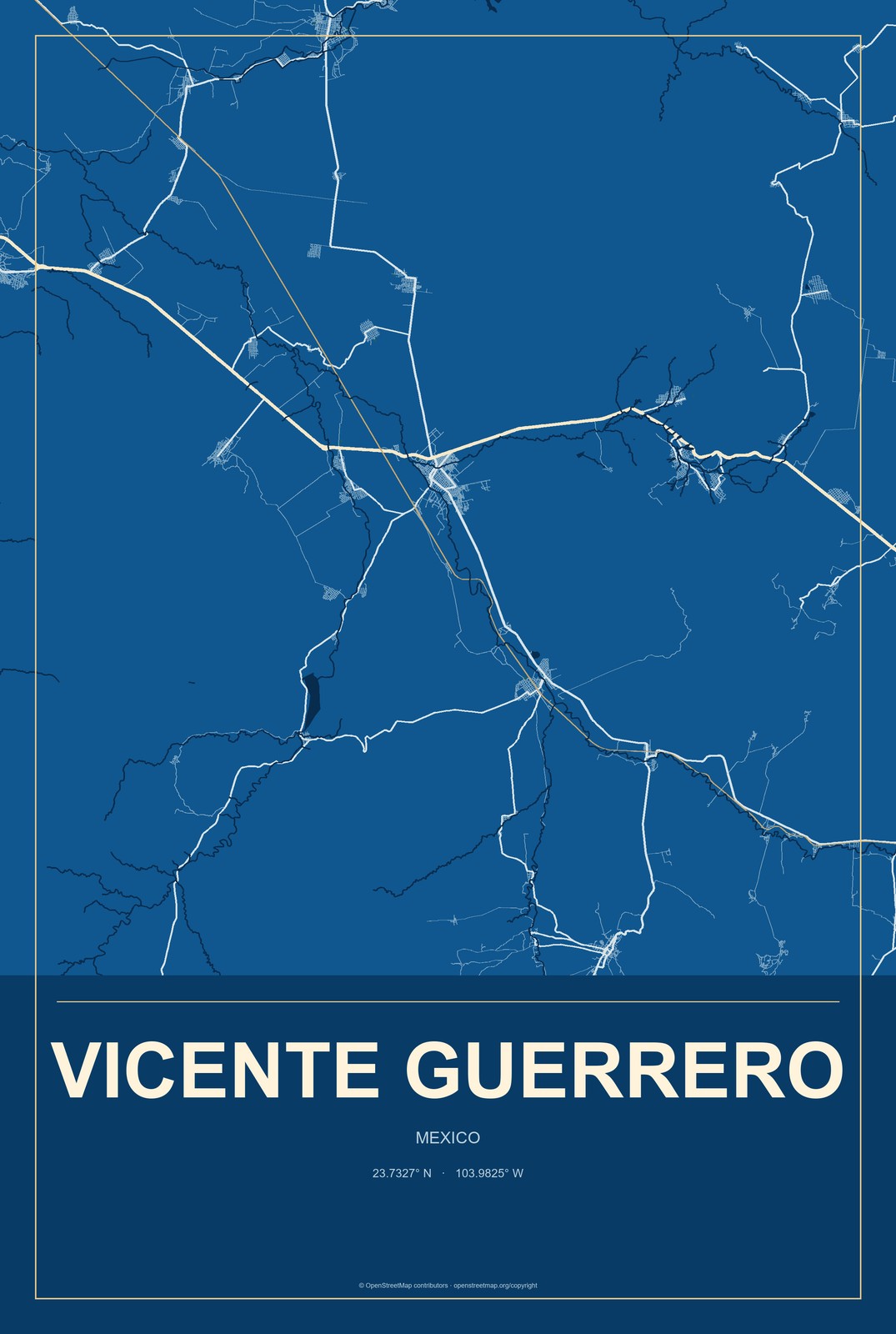 Vicente Guerrero, Durango, Mexico City Map Aluminum Sign in Harbor Cobalt style