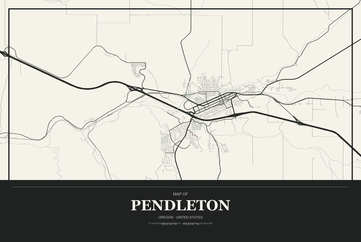 Pendleton, Oregon City Map Aluminum Sign in Museum Plaque style