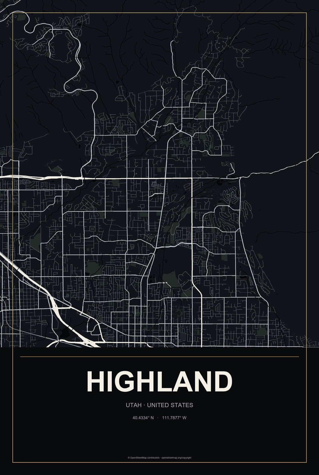 Highland, Utah City Map Aluminum Sign in Metropolitan Noir style