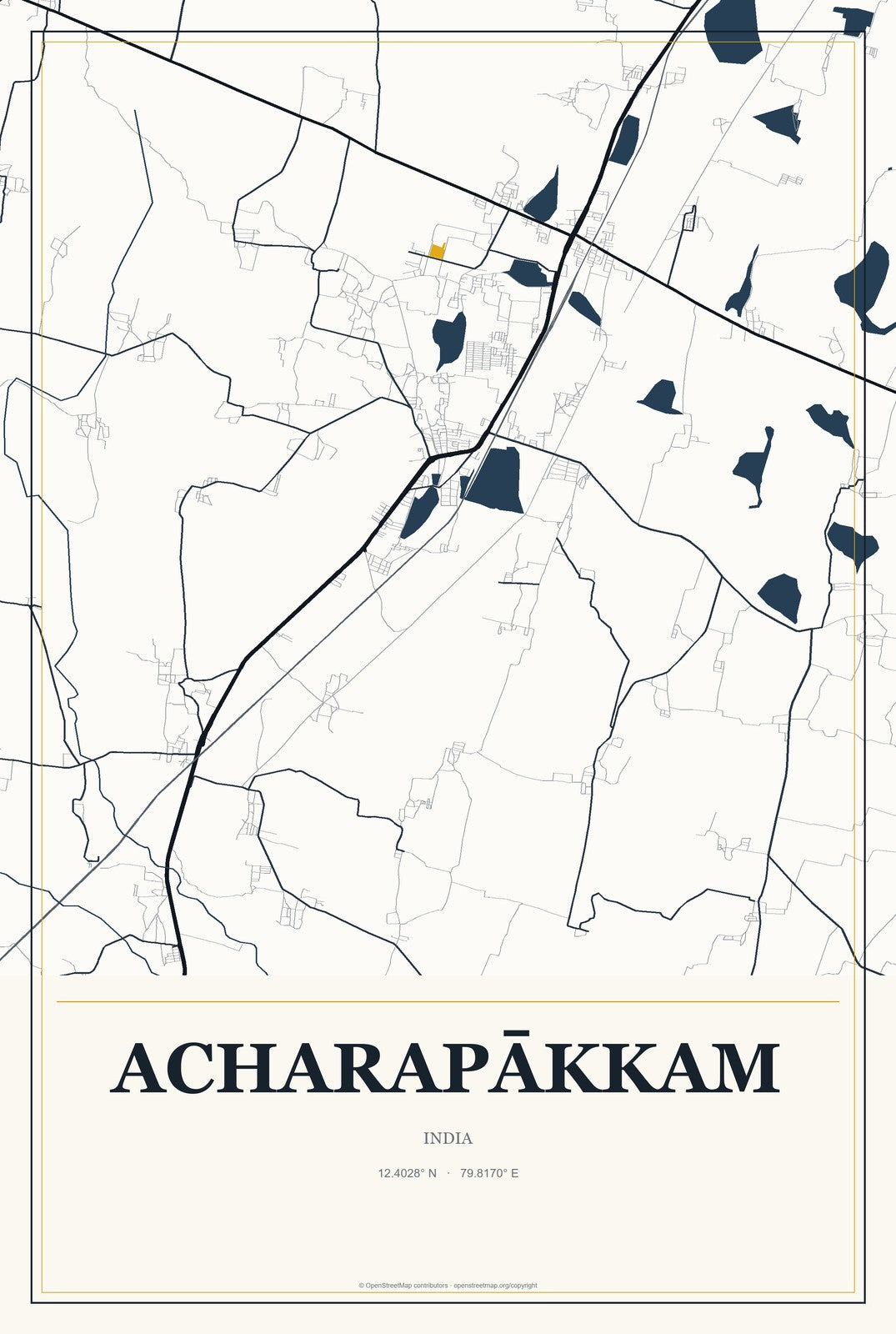 Acharapākkam, India City Map Aluminum Sign in Citrine Modern style