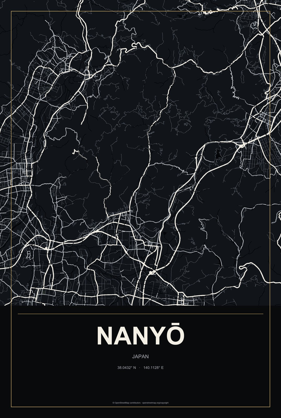 Nanyō, Japan City Map Aluminum Sign in Metropolitan Noir style