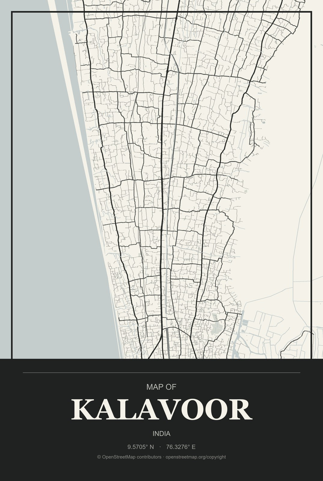 Kalavoor, India City Map Aluminum Sign in Museum Plaque style