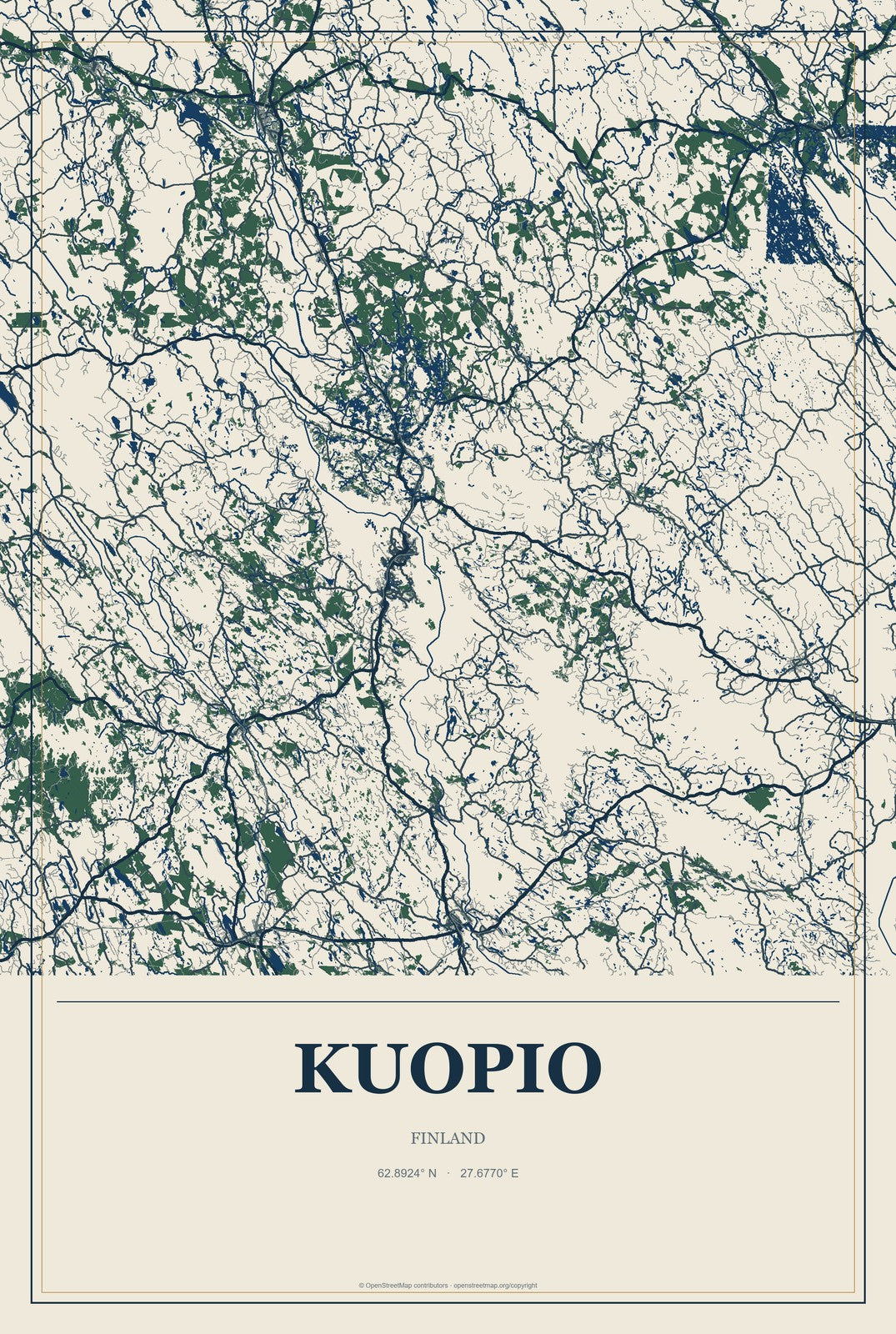 Kuopio, Finland City Map Aluminum Sign in Coastal Cutout style