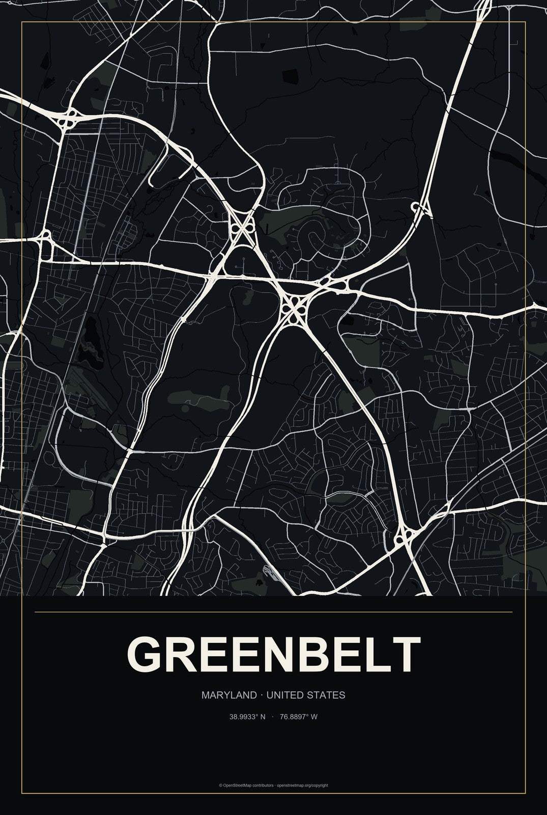 Greenbelt, Maryland City Map Aluminum Sign in Metropolitan Noir style
