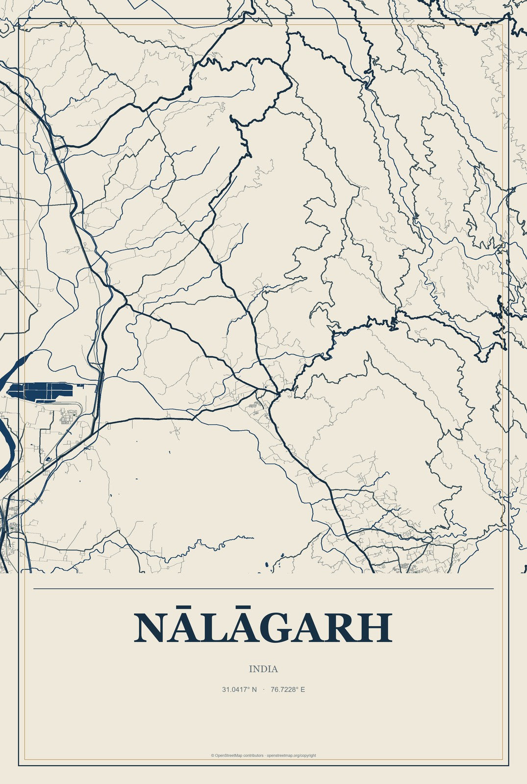 Nālāgarh, India City Map Aluminum Sign in Coastal Cutout style