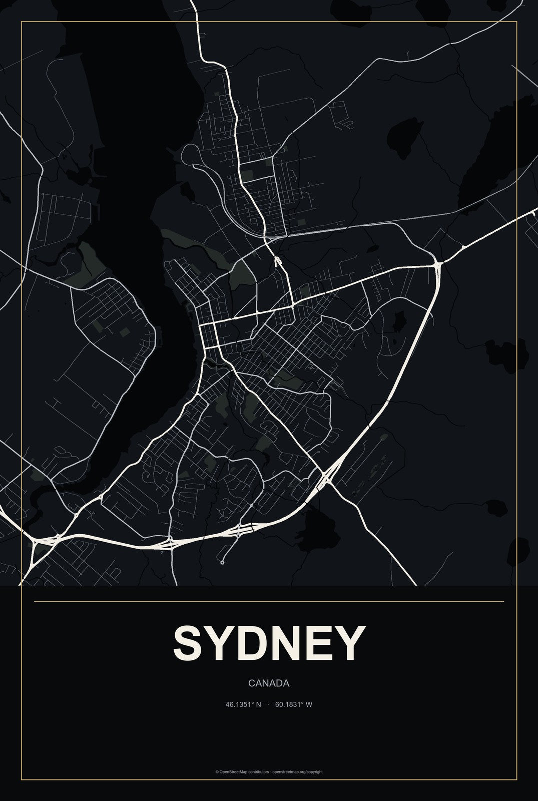 Sydney, Canada City Map Aluminum Sign in Metropolitan Noir style