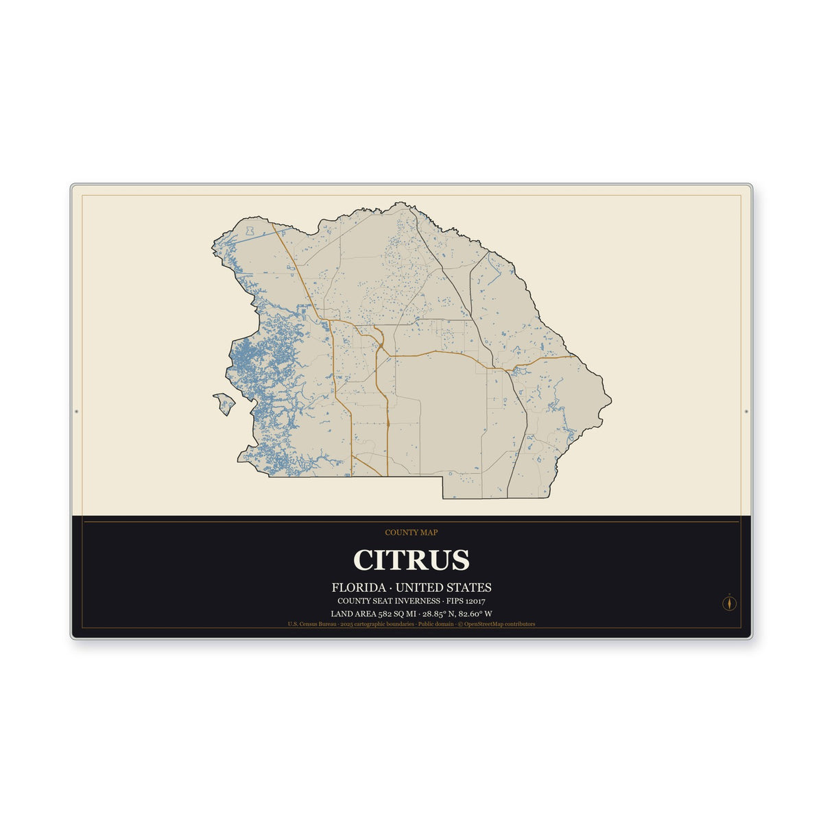 Citrus County, Florida Map Aluminum Sign in Museum Plaque style