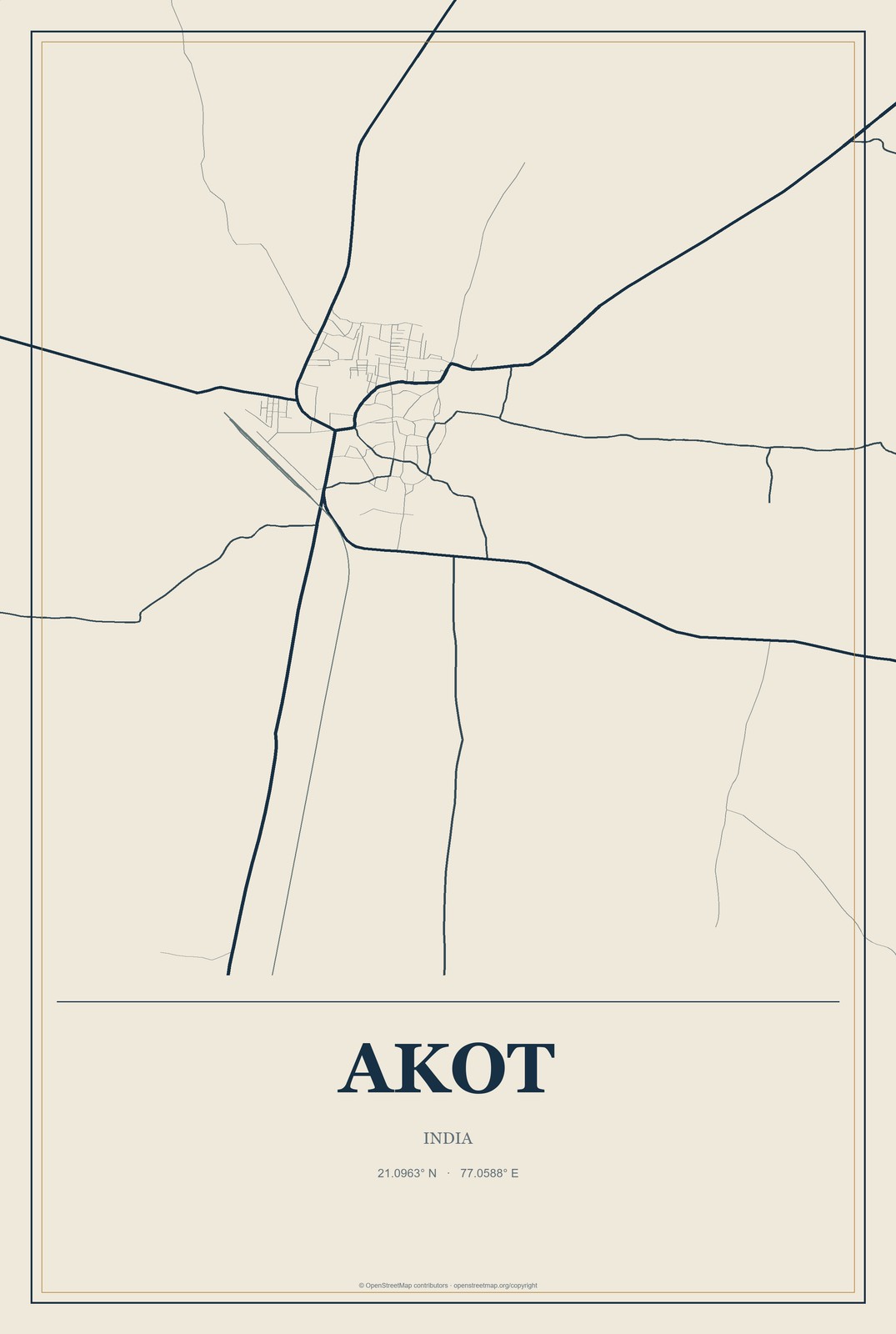 Akot, India City Map Aluminum Sign in Coastal Cutout style